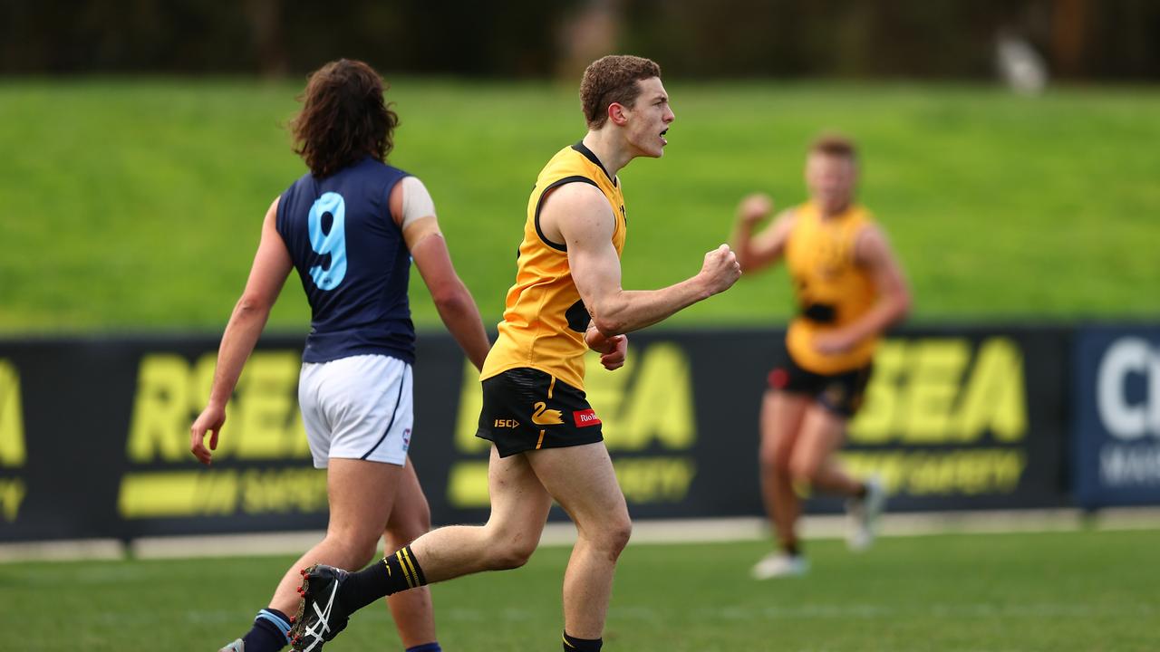 Koen Sanchez celebrates a goal against Vic Metro. Picture: Graham Denholm/AFL Photos via Getty Images