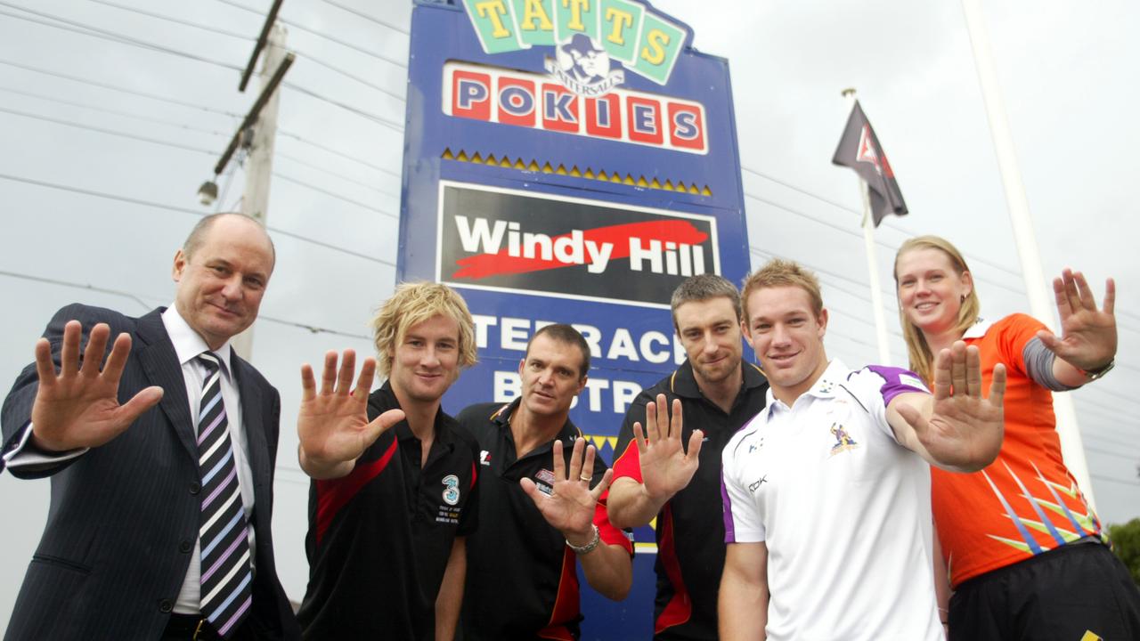 The launch of Essendon's problem gambling taskforce in 2005: CEO Peter Jackson (Essendon FC), Jason Winderlich (Essendon footballer), Warrick Giddey and David Stiff (basketballers), James Aubusson (Melbourne Storm) and Caitlin Thwaites (Kestrels).