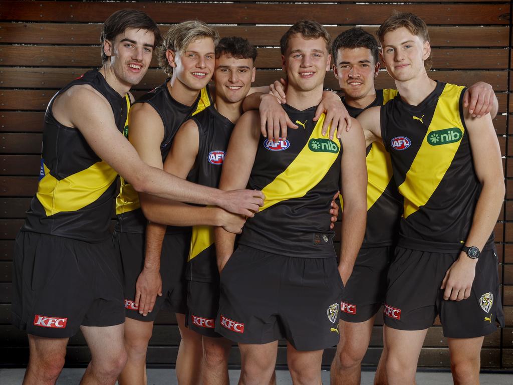 Richmond’s dream draft crop surround No.1 pick Sam Lalor. Picture: Michael Klein