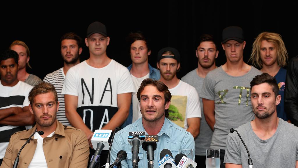 Jobe Watson speaks to the media on behalf of the Essendon 34 in 2015. Picture: Quinn Rooney/Getty Images