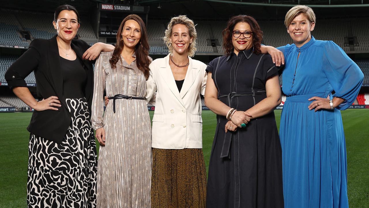 Laura Kane, General Manager Competition Management, Sarah Fair, Executive General Manager People, Kylie Rogers, Executive General Manager Customer and Commercial, Tanya Hosch, Executive General Manager Inclusion and Social Policy and Jennifer Watt, CEO North Melbourne. Picture: Michael Klein